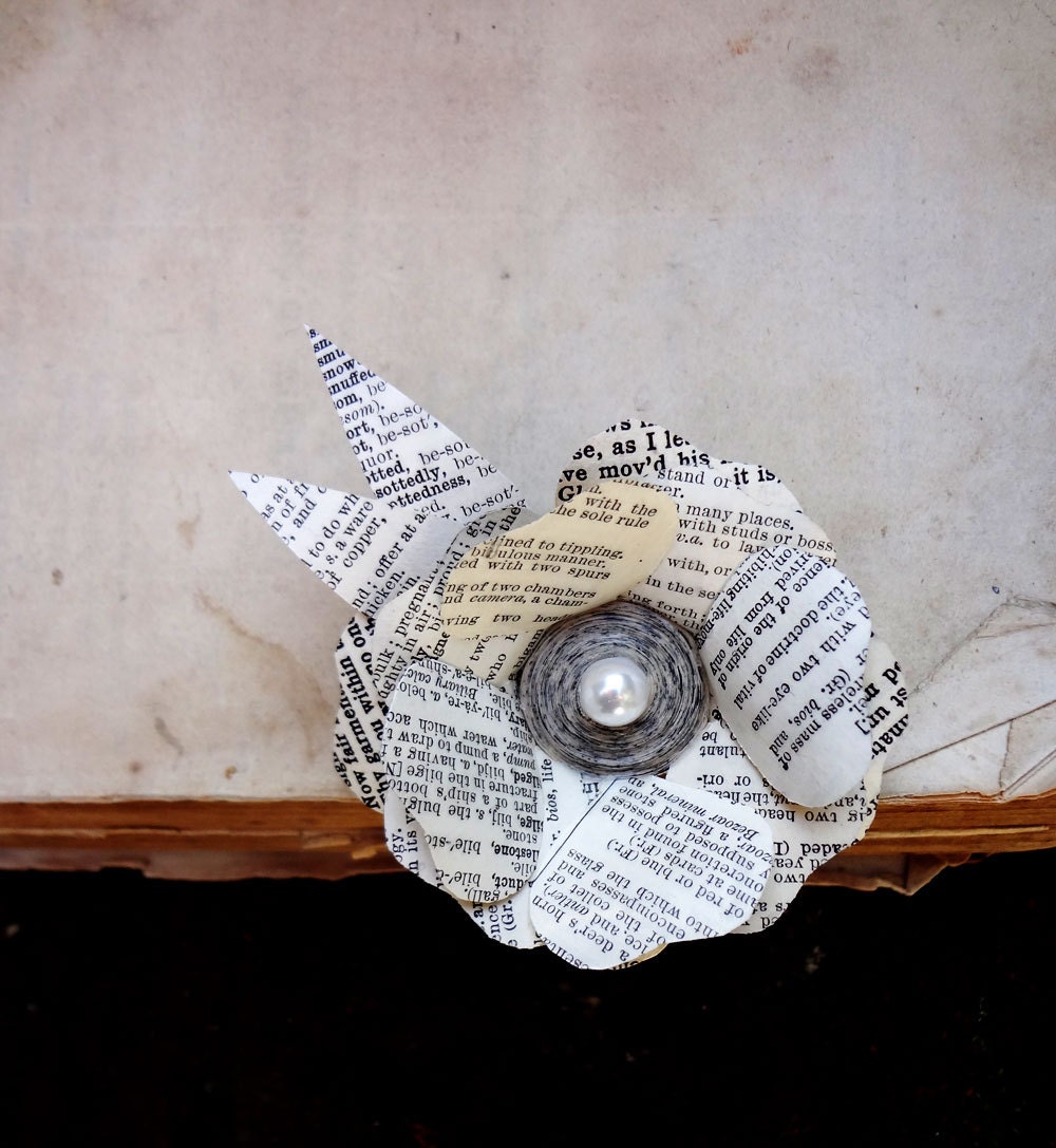 Book Lover's Brooch, Recycled books, Paper Rose, Unique Wedding Corsage, Cream Beige