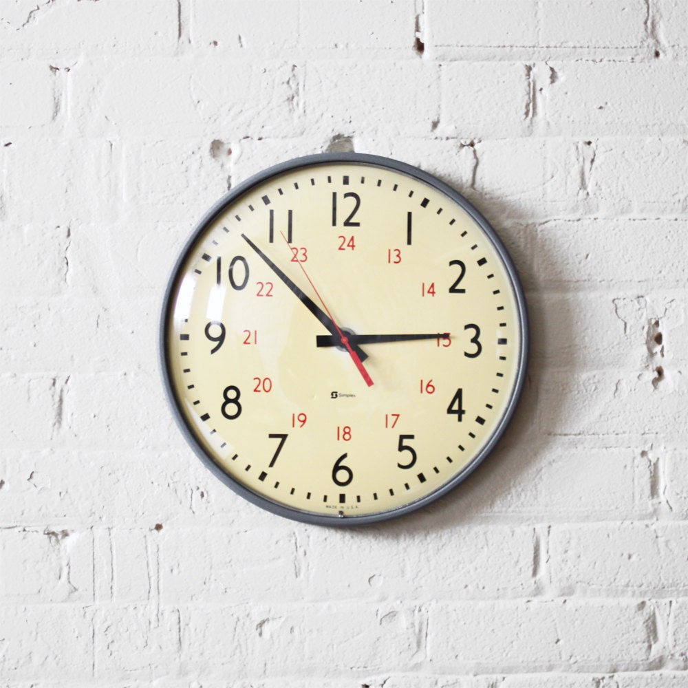military time clock - school wall clock - simplex - gray metal body - butter yellow face - glass bezel - industrial decor