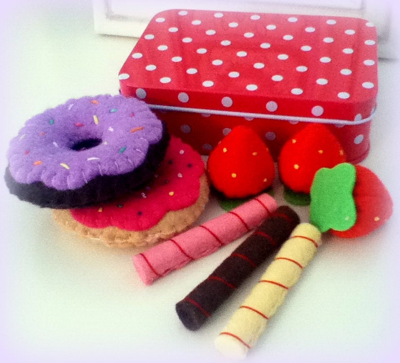 gorgeous felt food set in a tin donuts strawberries and wafer biscuits LIMITED AMOUNT available