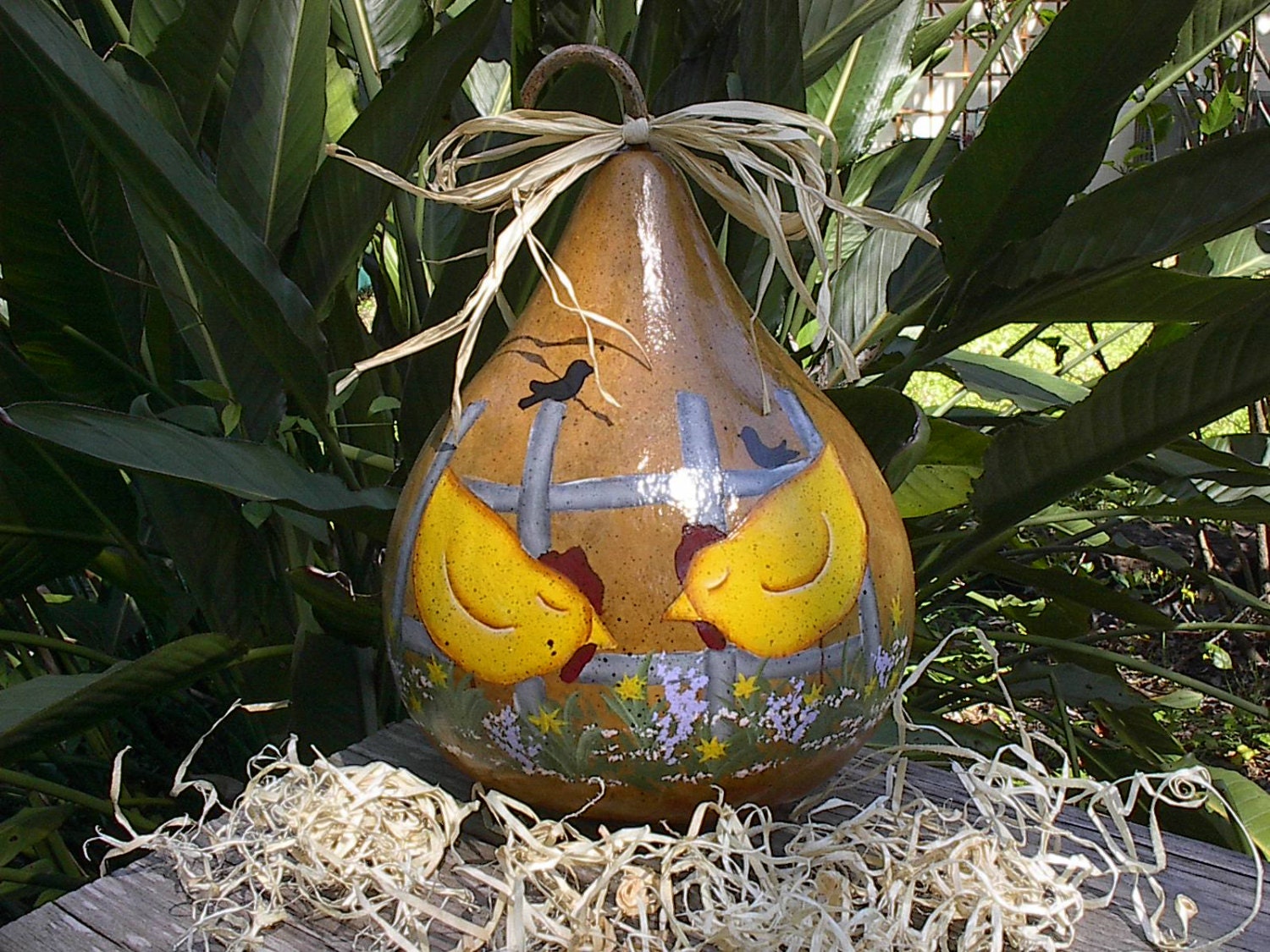 Painted Gourd Spring Chicken Primitive Easter Decor Flowers