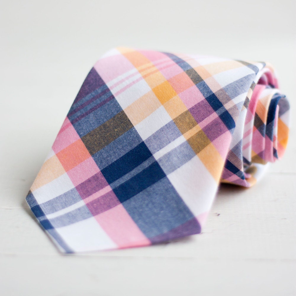 The Beau- men's pink and navy plaid necktie