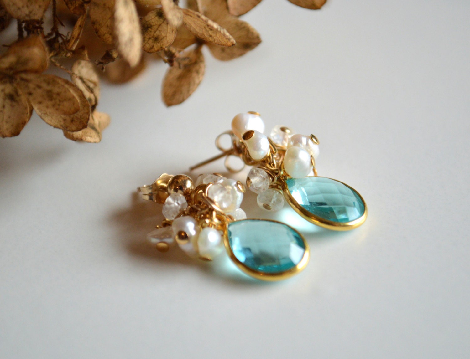 Blue topaz, pearl and moonstone gold dangle earrings, bridal jewelry, wedding jewelry