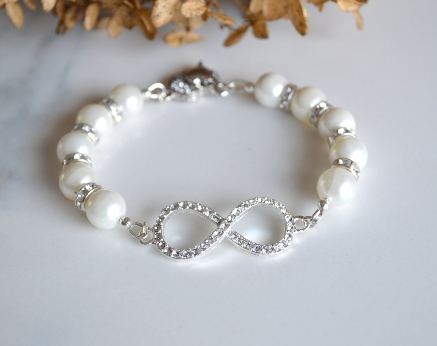 Infinity bracelet, Pearl rhinestone infinity bracelet, wedding bracelet, bridal jewelry