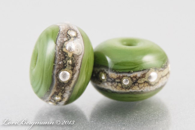 Silvered Olive Earring Pair with Spacers, Green Lampwork Glass Beads, SRA Handmade