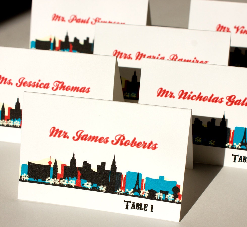 Las Vegas Place Cards Wedding Signage Escort Skyline Cityscape Colorful Handmade Custom Personalize
