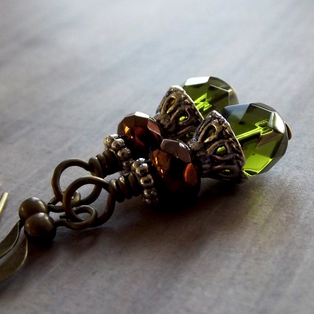 Antiqued Bronze Brass Crystal Earrings -Olive Green & Metallic Bronze