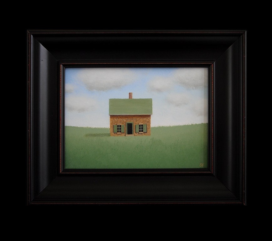 Farmhouse Painting  FRAMED Old Stone House 5 x 7 Landscape Folk Art Gift Original HEARTLAND Fine Art Painting