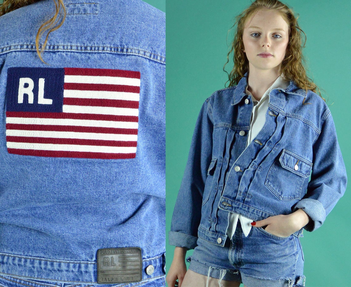Womens Denim Jacket / 90s Vintage Ralph Lauren US Flag Jean Jacket / Cropped Distressed & Faded Cotton Denim Jean Jacket S / M / L