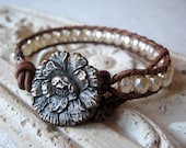 Beaded Leather Wrap Bracelet, Brown Leather Wrap, Pearl Bracelet, Flower Button, Champagne, Czech Glass Beads