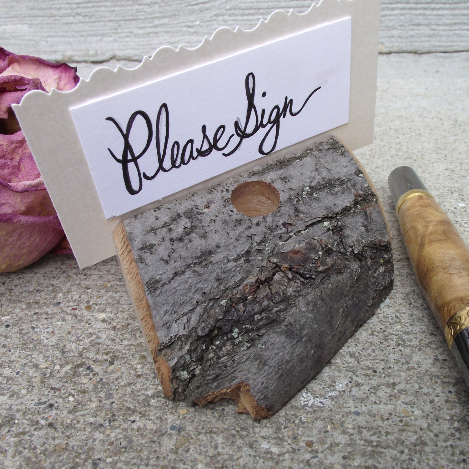 Wood Pen Holder - Eco-Friendly Ohio Wood Guest Book Pen Holder with Bark - For Outdoor Cottage or Woodland Wedding