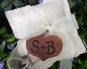 Burlap Ring Bearer Pillow with Personalized Wood Heart Charm - Rustic Eco-Chic for Fairy Tale Outdoor Cottage or Woodland Wedding
