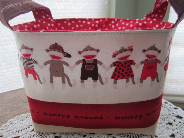 Reversible Organizer Sock Monkey Around Red  Bin Basket Ready to Ship