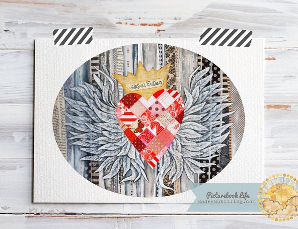 Wings of Love and Friendship. Patchwork Heart Watercolor Mixed Media Collage. Red, Black, White with Stripes, Polka Dots. Giclee Art Print.