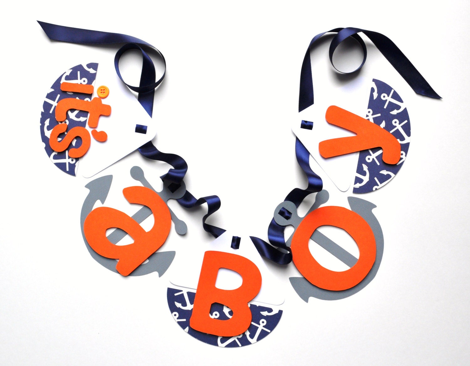Nautical baby shower decorations navy blue and orange sailboat and anchor banner by ParkersPrints on Etsy