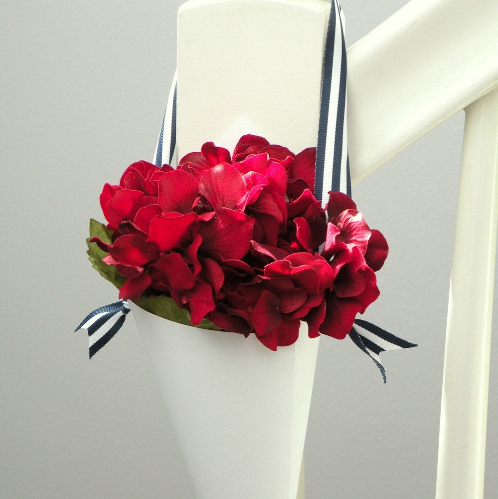 White w/ Navy Blue Striped Ribbon Wedding Aisle Cone for Ceremony Decor, Bride & Groom Chairs, Church Pews or Flower Girl Petal Basket
