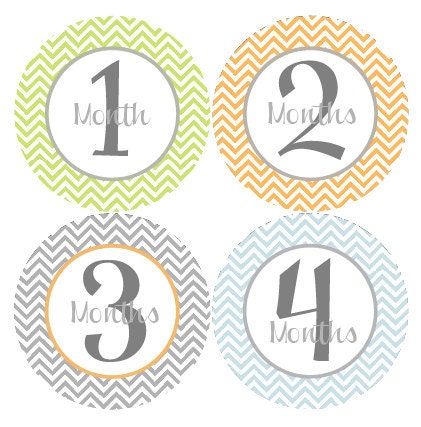 Baby Month by Month Stickers - Baby Monthly Stickers - Green, Orange and Blue Chevron Month Stickers - Hayley