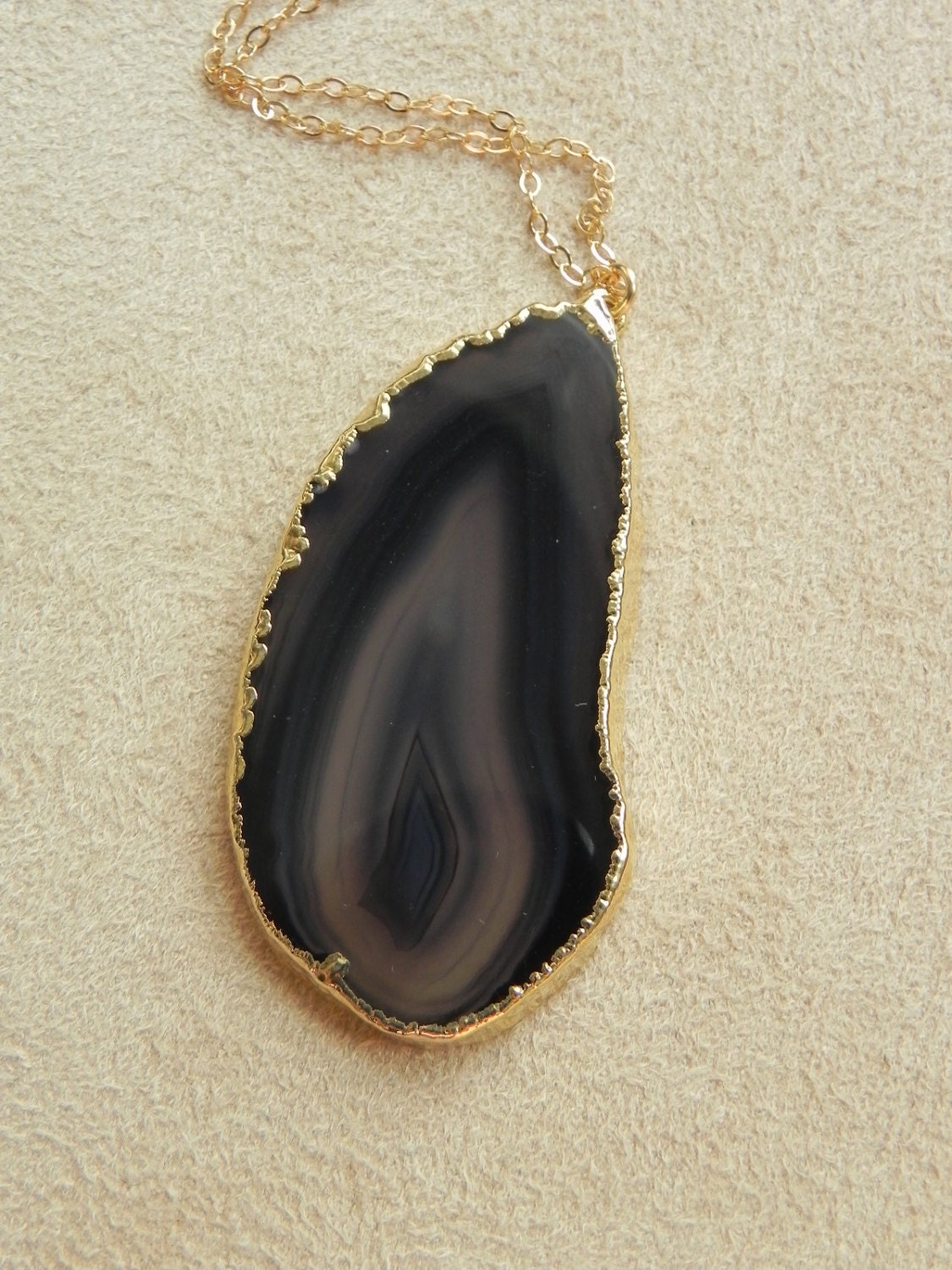 Ebony Banded Agate Slice with 14kt Gold Fill Long Necklace