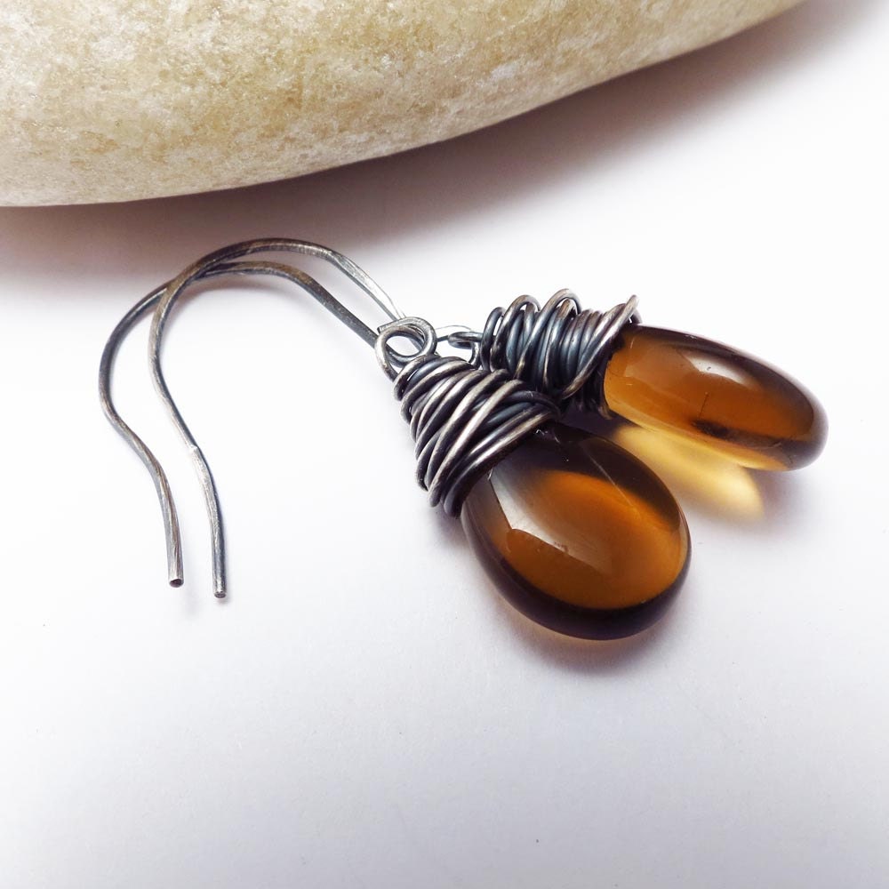 Dark Topaz Czech Glass & Oxidized Silver Wire Wrapped Earrings