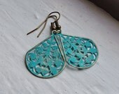Turquoise Verdigris Earrings. Filigree Earrings. Peacock. Teardrop. Statement Earrings. Vintage Inspired. Statement Jewelry. Bohemian. Boho
