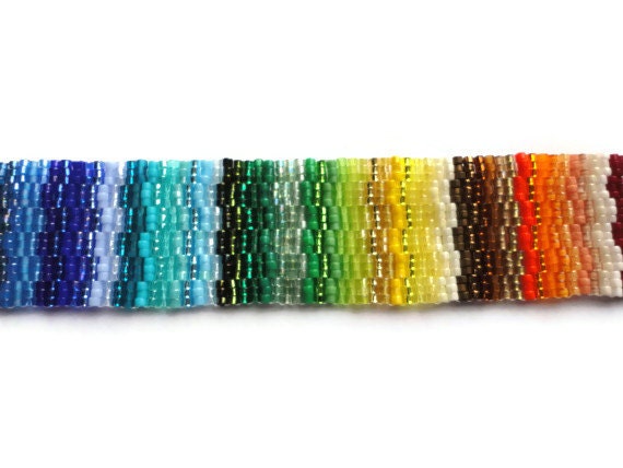 Seed Bead Bracelet, Peyote Stitch, Delica, Rainbow, Colorful, Bright, Fun, Primary, Purple, Blue, Green, Brown, yellow, Orange, Red, Fuchsia