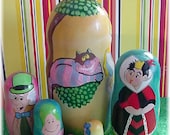 Alice in Wonderland, Queen of Hearts, Chesire Cat Painted Nesting Dolls