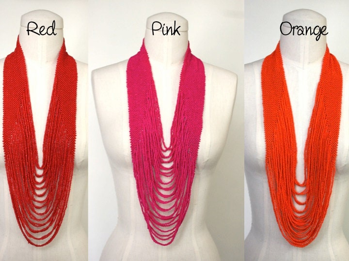 Beaded Layered Long Opera Necklace Bright Rainbow Colors Solid Statement Necklace Summer, All Colors Available