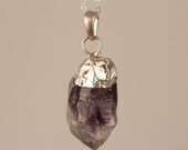 Long Silver Dipped Amethyst Necklace on Sterling Silver Chain, Unique Purple Stone, Semi Precious Rock, Unique Shape