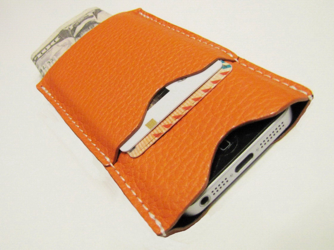 PERSONALIZED iPhone 5 Case, Card Case & Wallet in Hermes-Orange Italian Calfskin. Leather Lining. HANDMADE UNIQUE case