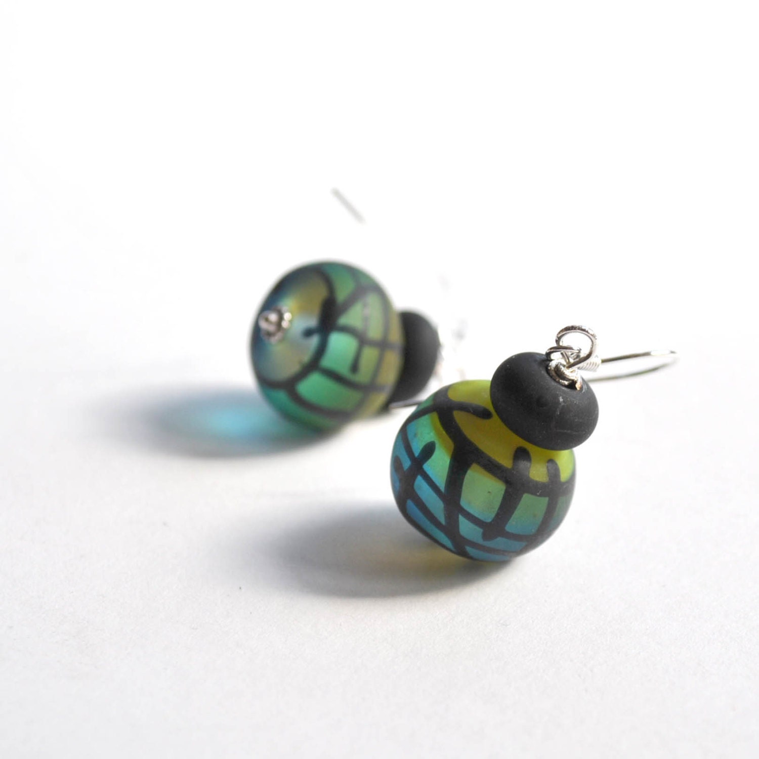 Green Stained Glass Earrings -  Geometric Earrings - Lampwork Glass Earrings
