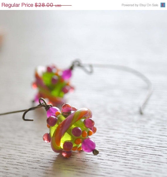 ON SALE Green and Fuschia Gobstoppers Lampwork Glass Earrings, Bumpy Texture, Antiqued Brass