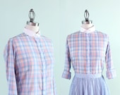 Vintage Scalloped Collar Plaid Blouse - Small Medium