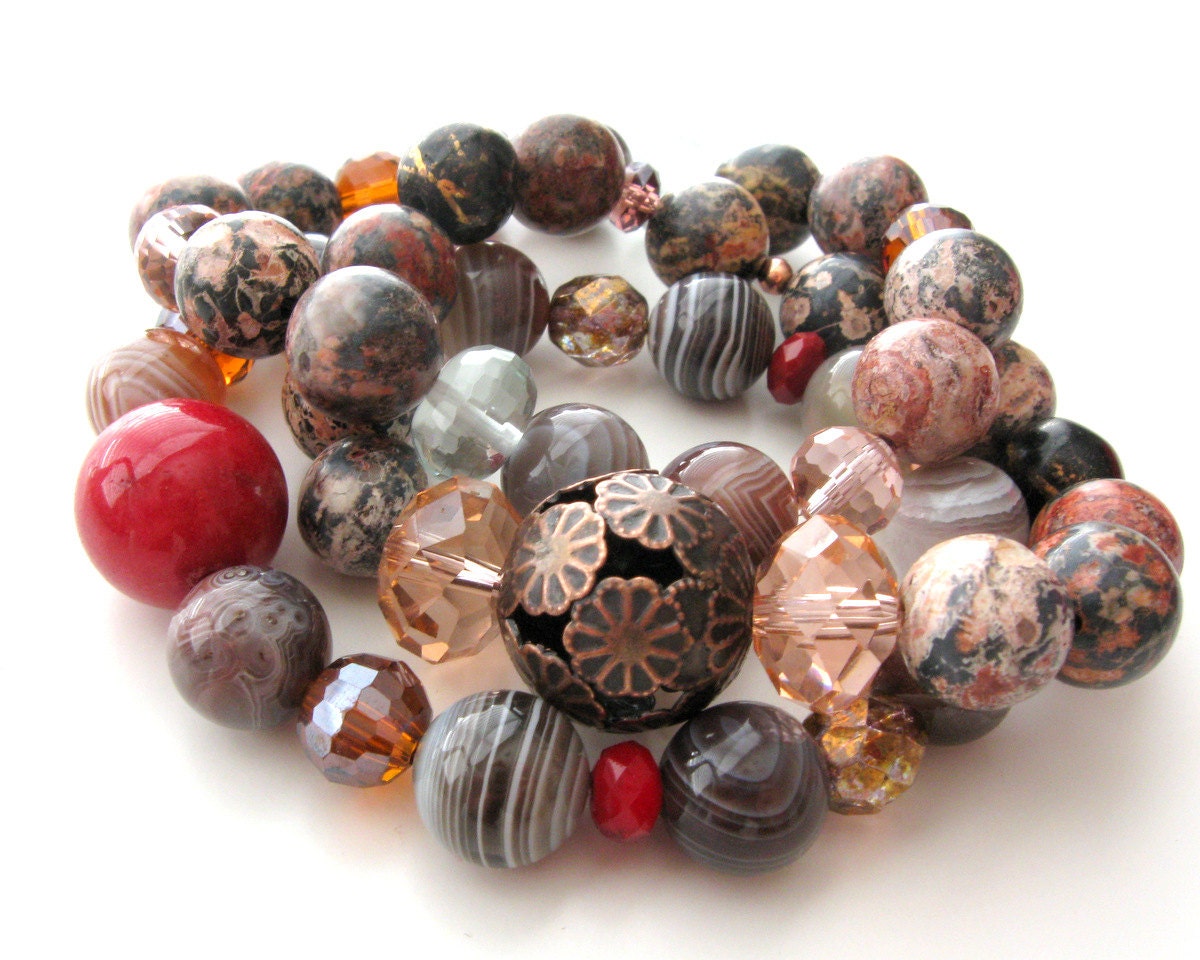 Chocolates and Rubies Bracelet Set with gemstones, crystals and antiqued copper flower breads