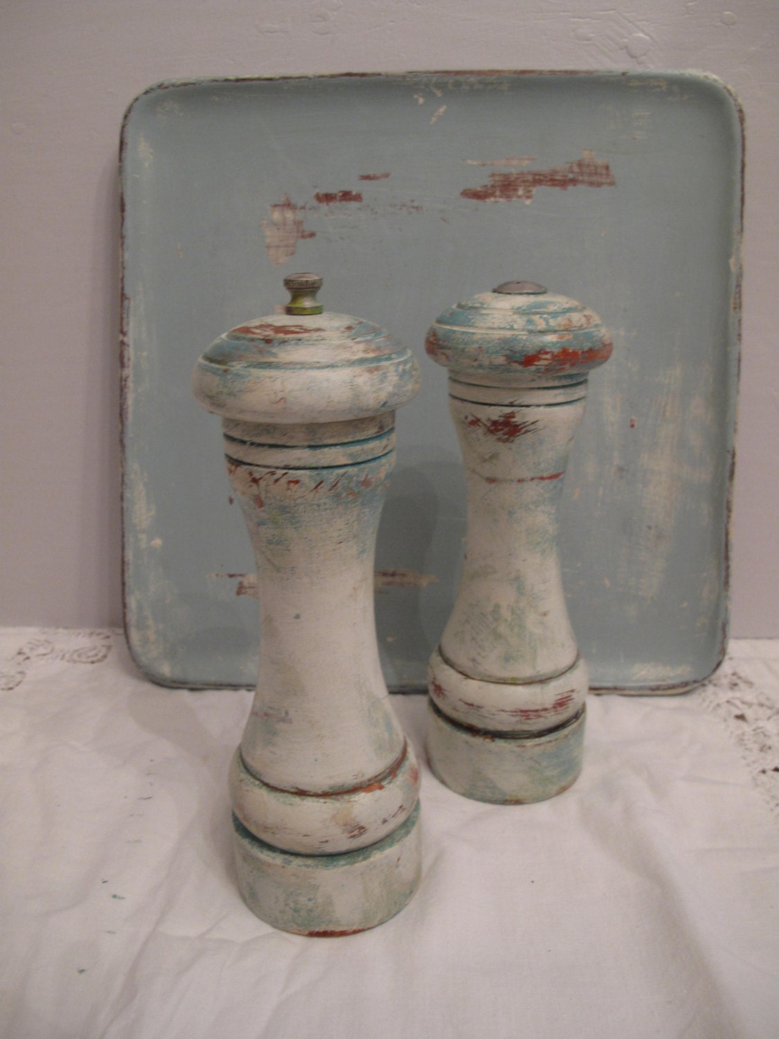 Upcycled  Wood Salt Shaker, Pepper Mill, Distressed in Turquoise &  Cream