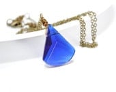 Blue Pendant, Sapphire Teardrop Cobalt  September Birthday Royal Blue Statement Antiqued Brass, Wire Wrapped, Simple, Gift Under 25