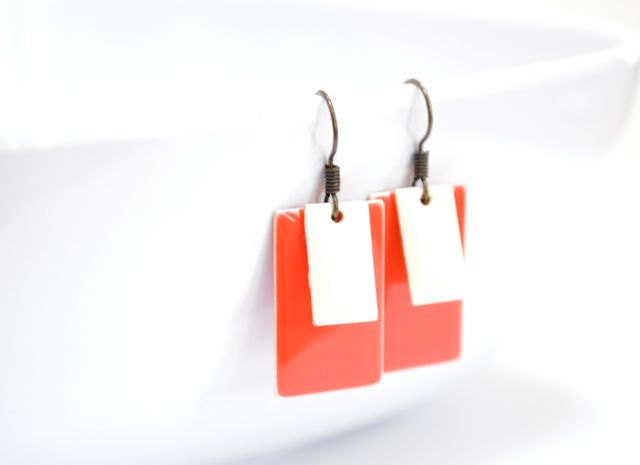 Big Square Red Earrings, White Color Blocking, Chunky Rectangle Earrings Valentines Day, Antiqued Brass, Bold Statement Earrings Under 15