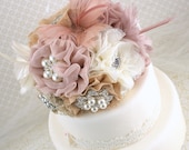 Brooch Cake Topper- Fabric Flower Topper Wedding Cake Topper in Blush Pink, Dusty Rose, Champagne and Ivory with Lace, Pearls and Feathers
