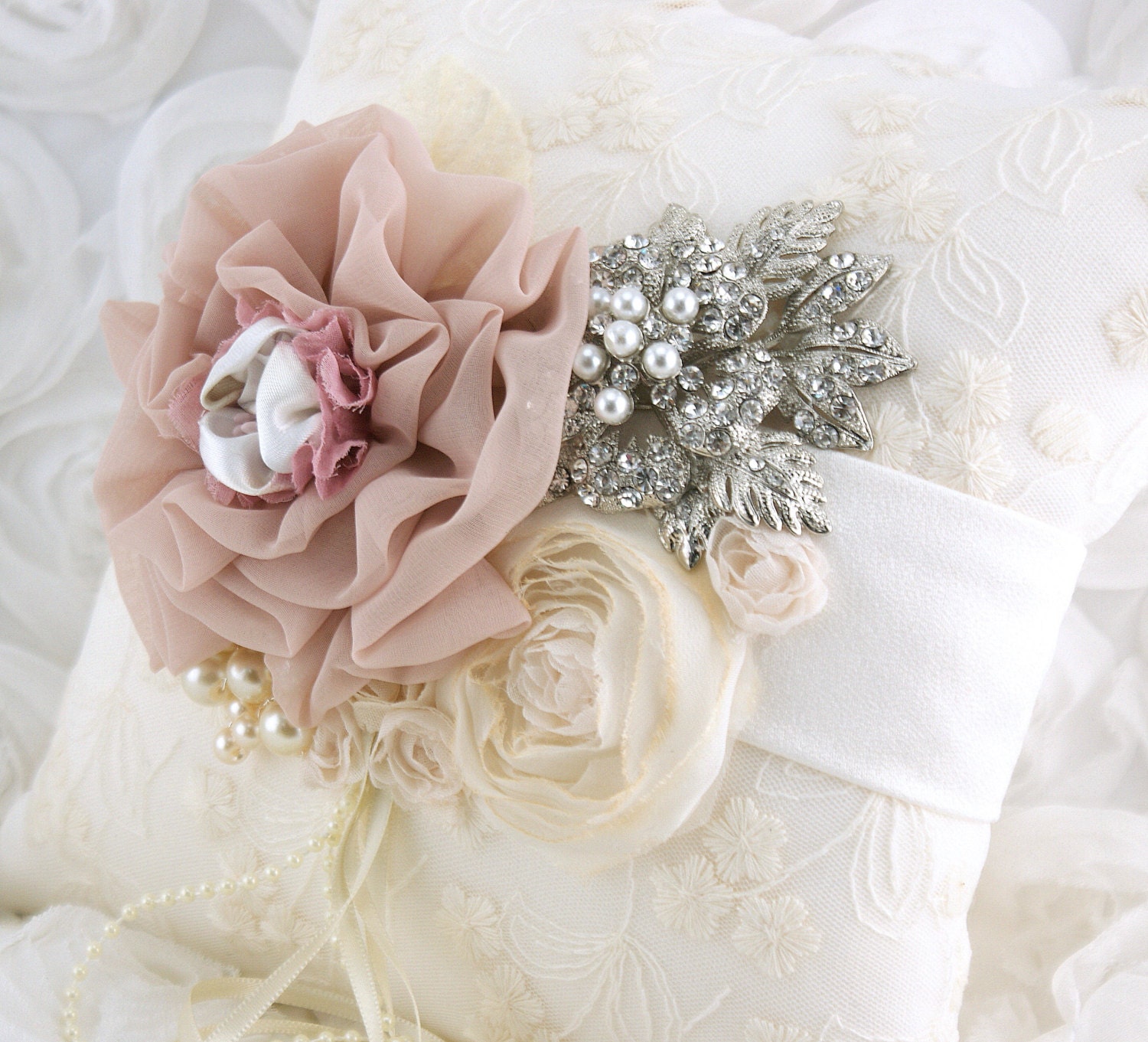 Ring Bearer Pillow - Bridal Pillow in Champagne, Nude and Ivory with Lace, Brooch, Jewels and Pearls- Vintage Passion