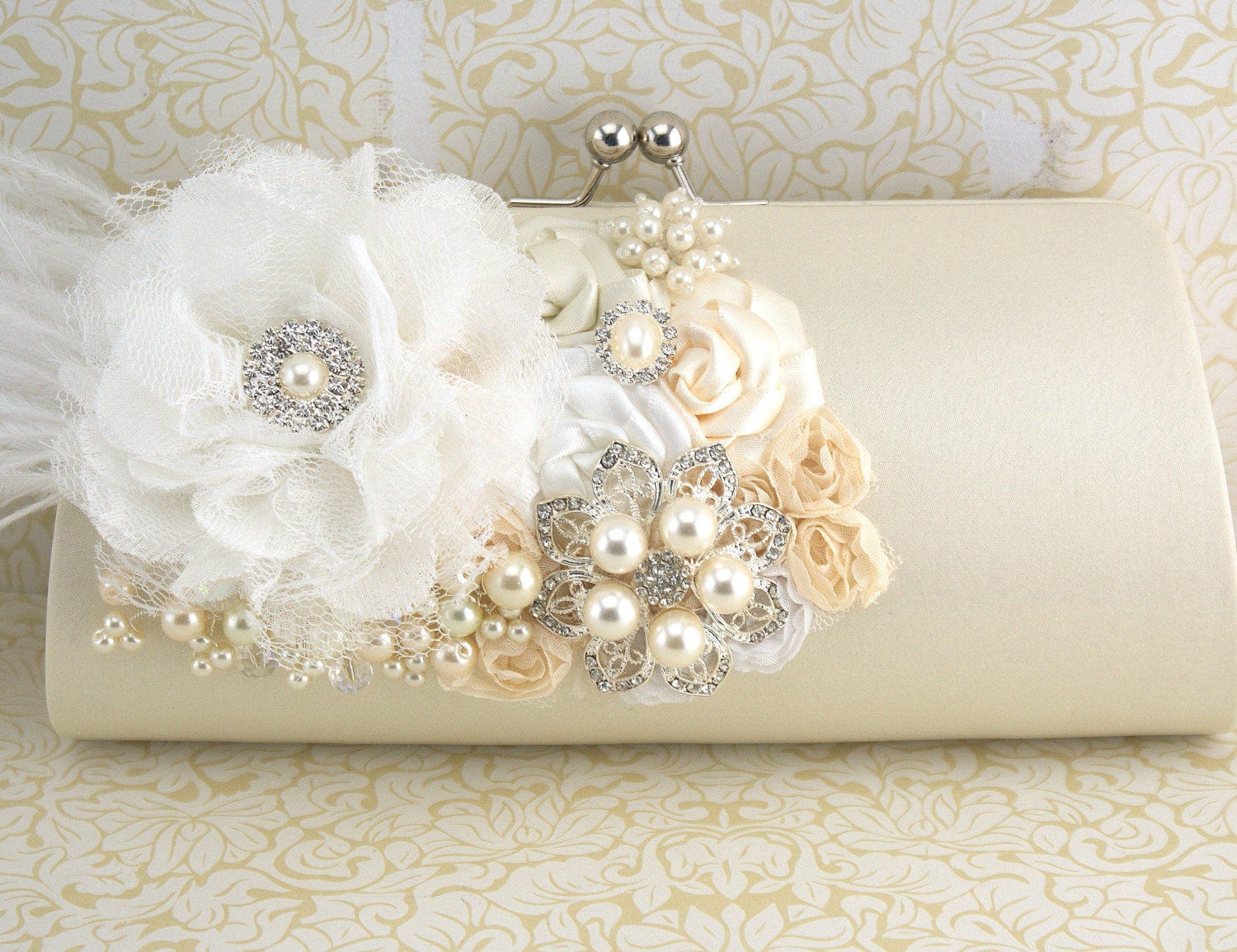 Ivory Bridal Clutch - Bridesmaid Clutch in Cream, Ivory and White with Brooch, Satin Flowers, Ostrich Feathers, Jewels, Pearls and Crystals