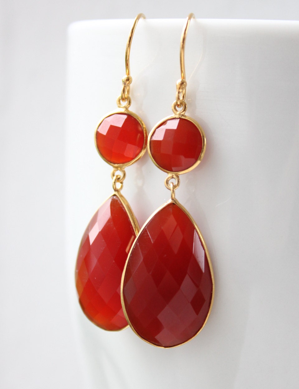 Gold Red Onyx Glamour Earrings - Red Carpet Glamour - Valentine's Day Gift