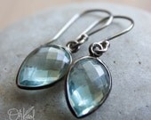 Green Teal Quartz Earrings - Inverse Teardrops - Black Rhodium, Oxidized Metal