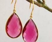 Reserved for Pam: Gold Pink Tourmaline Quartz Earrings - July Birthstone - Ruby Red Earrings