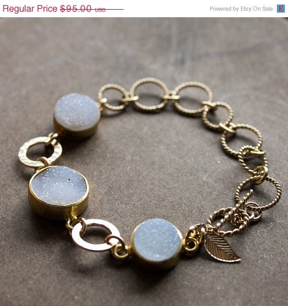 Memorial Day SALE Soft White Druzy Gemstone Bracelet - Toggle Bracelet - Feather Charm