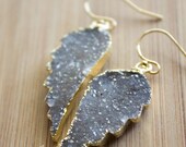 Memorial Day SALE Gold Charcoal Grey Agate Druzy Angel Wing Earrings - 14K Gold Fill