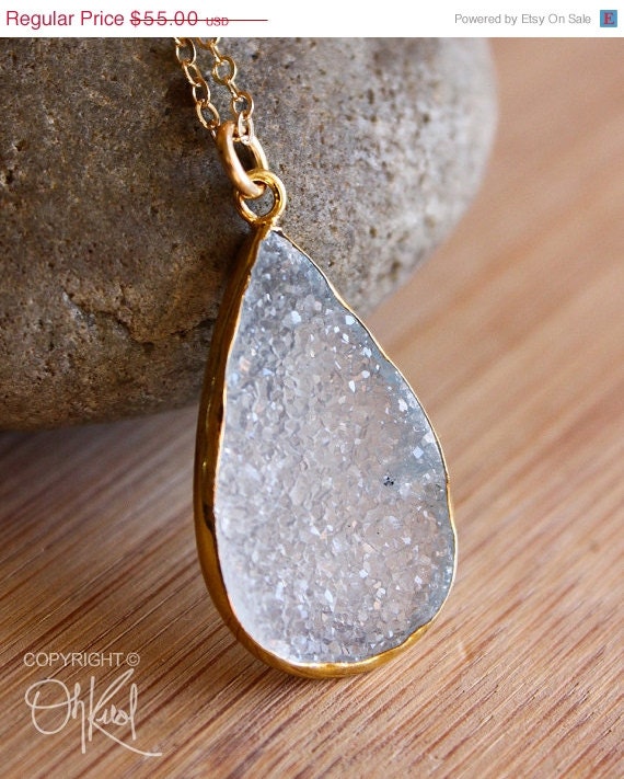 SALE 15 OFF Gold Light Blue Agate Druzy Necklace - Geode Slice - Long Teardrop Pendant