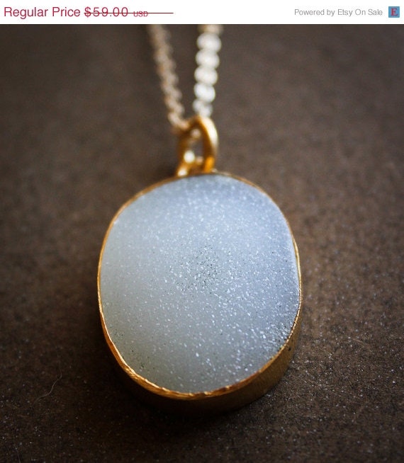 SALE 15 OFF Simple Soft White Druzy Necklace - Oval Pendant - Marked Down