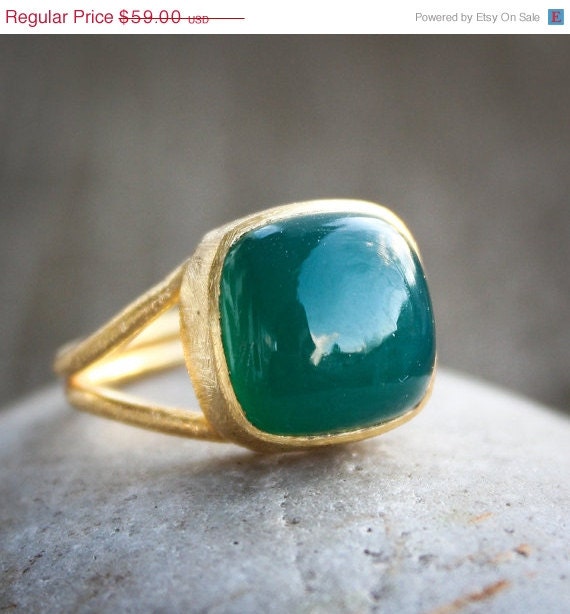 SALE 15 OFF Gold Emerald Green Onyx Ring - Cushion - Adjustable Ring, Brushed Gold