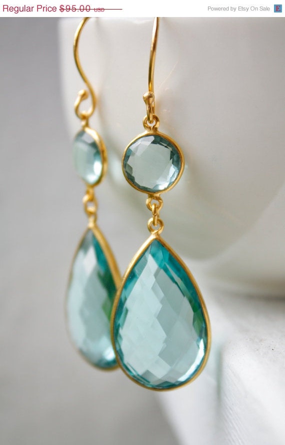 SALE 15 OFF Gold Aqua Blue Quartz Teardrop Earrings - Teal Blue - Something Blue, Summer Weddings