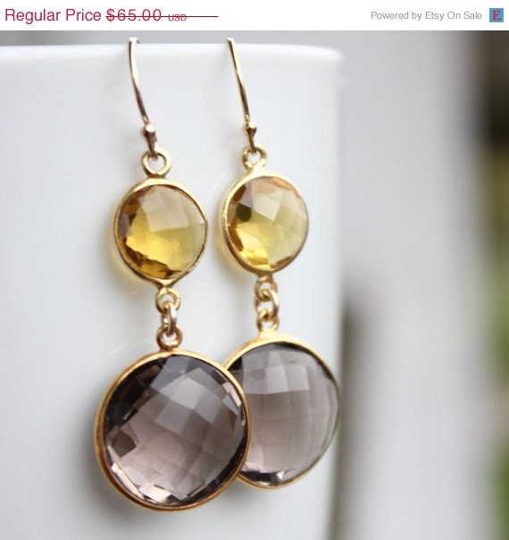 Memorial Day SALE Gold Citrine and Smokey Quartz Earrings - 14KT Gold Fill