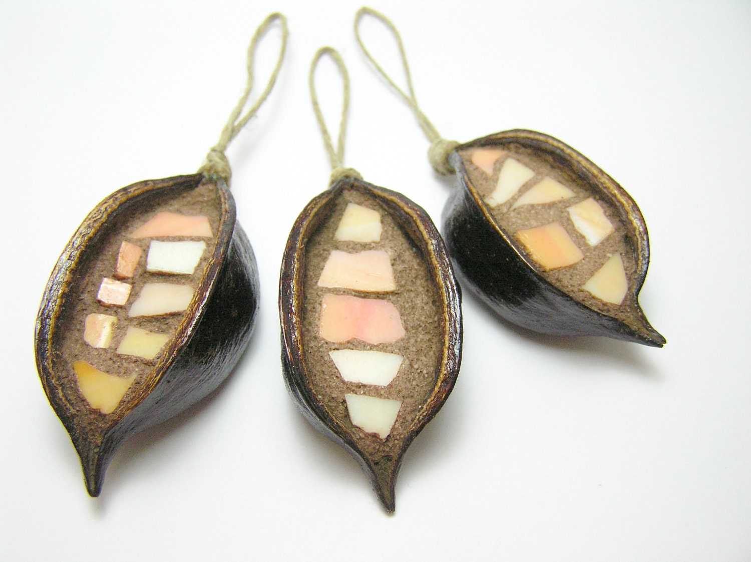 ornaments - mosaic handmade in 3 natural pods - Christmas Tree and House decoration - orange pink tiles