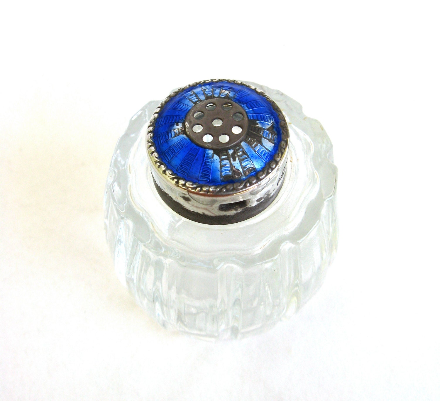 please pass the salt   ...  vintage cut crystal and silver and enamel salt shaker